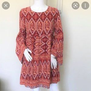 COPY - SUGAR LIPS Red & Orange Paisley Boho Gypsy Long Sleeve Mini Babydoll Dre…